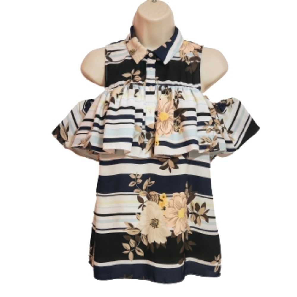 Guess Navy Tan Floral Stripe Cold Shoulder Blouse Small